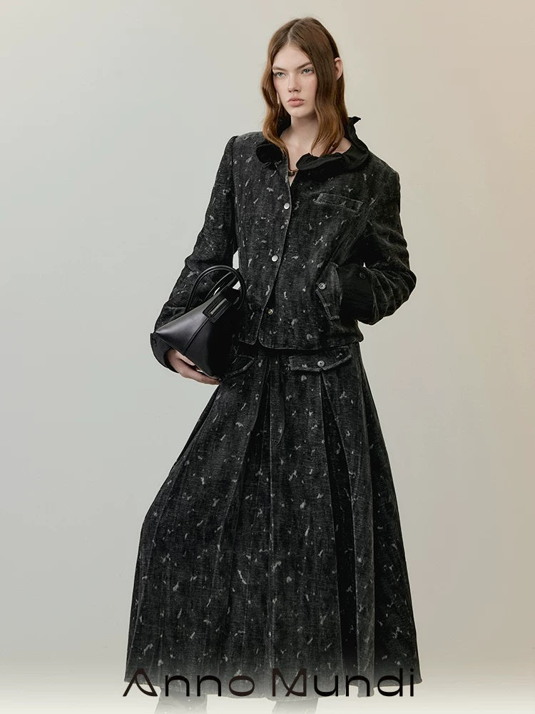 AnnoMundi High Waist Maxi Skirt Two Piece Cropped Blazer Women Casual Black Gray Suit