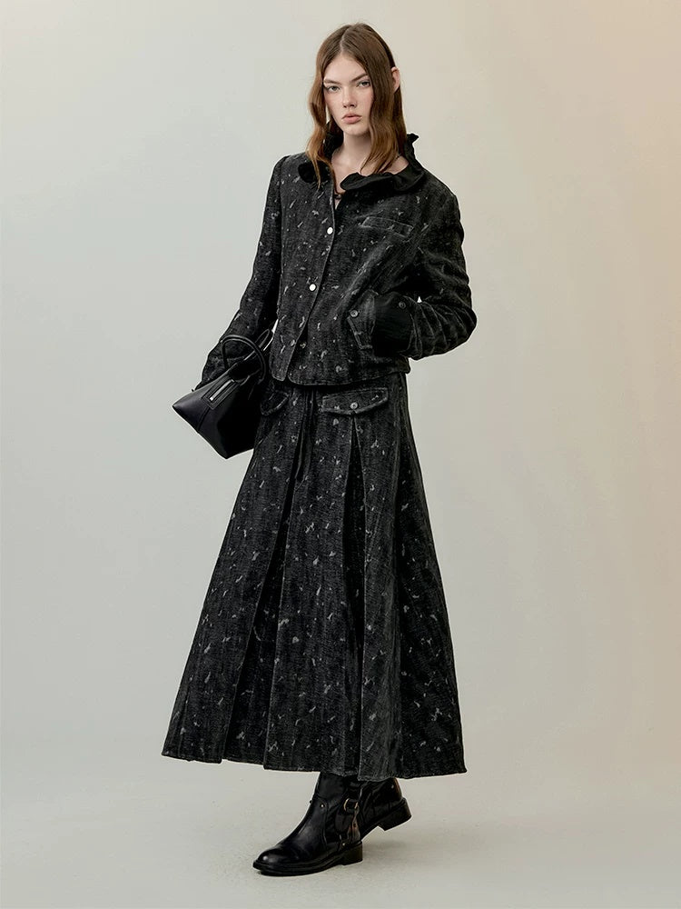 AnnoMundi High Waist Maxi Skirt Two Piece Cropped Blazer Women Casual Black Gray Suit