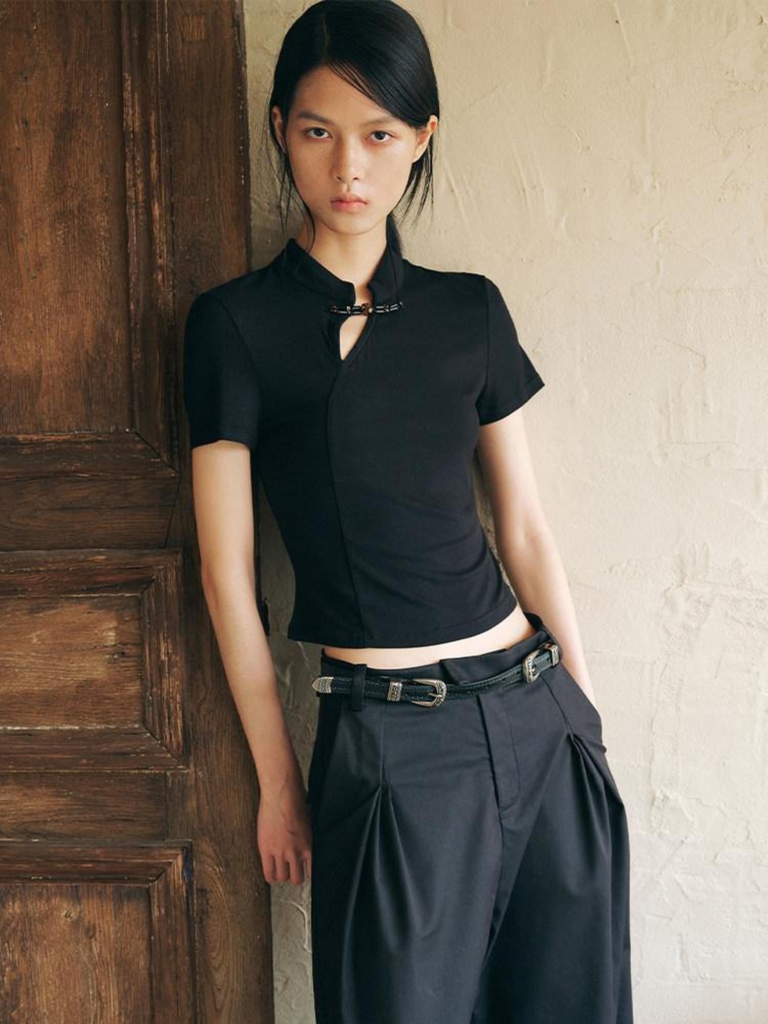 AnnoMundi Ink Asymmetric Stand Collar Waist Cinch Women&