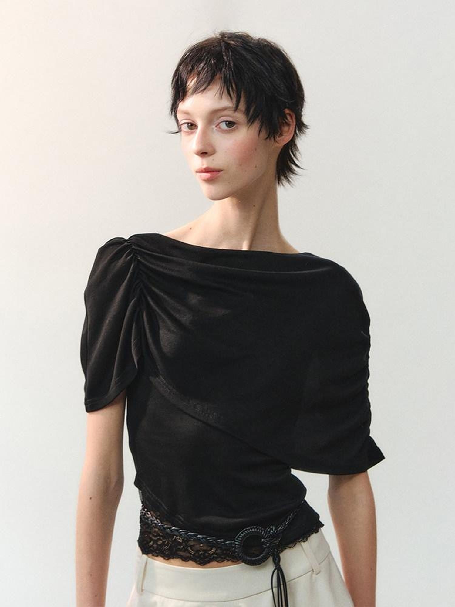 AnnoMundi Ink Black Soft Pleat Lace Spliced Asymmetric Wrap Women&