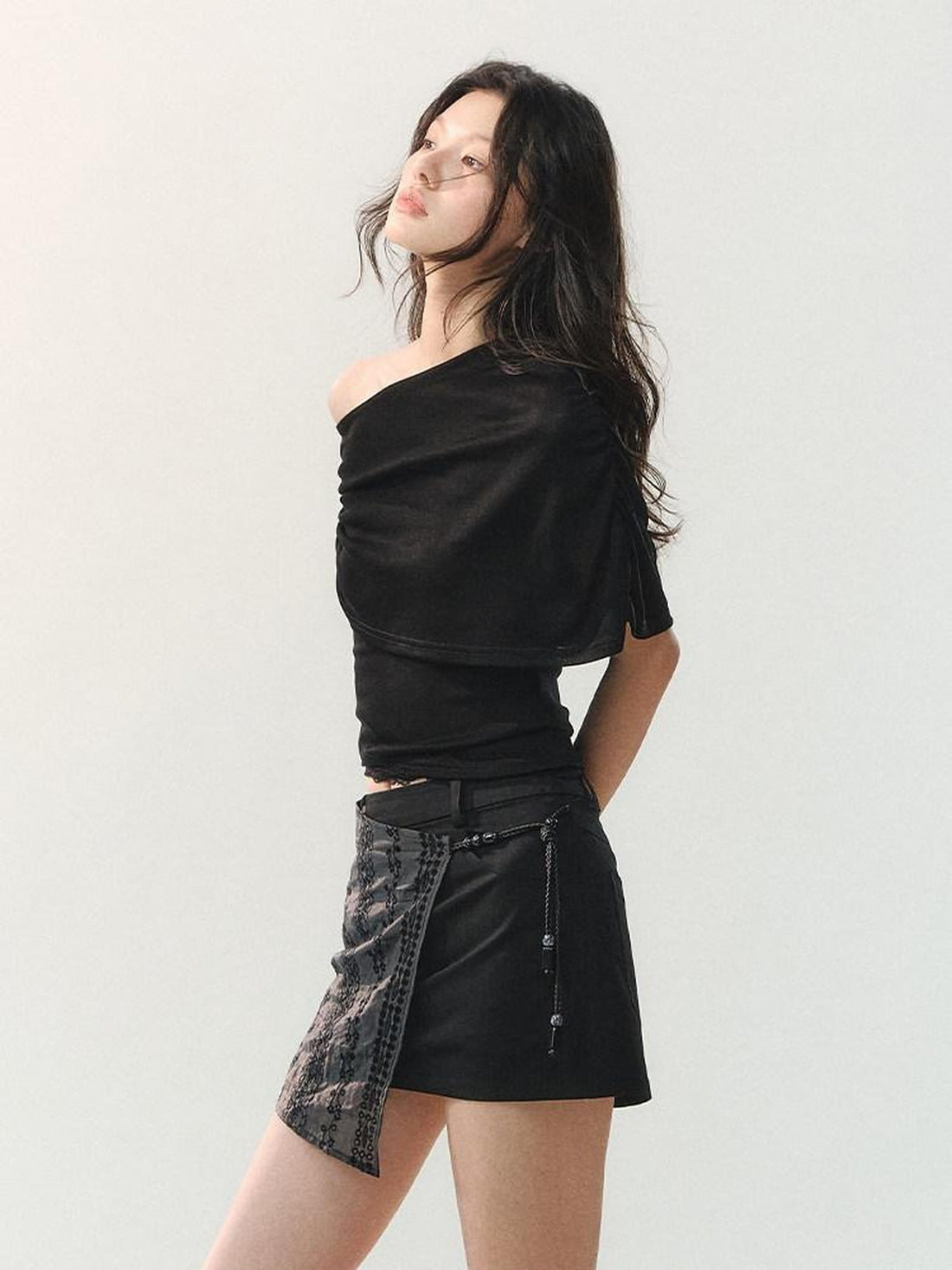 AnnoMundi Ink Black Soft Pleat Lace Spliced Asymmetric Wrap Women&
