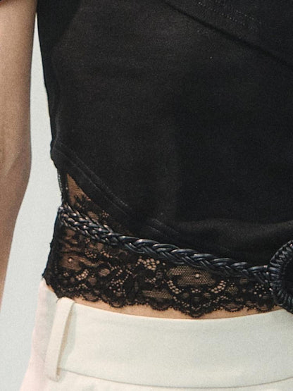 AnnoMundi Ink Black Soft Pleat Lace Spliced Asymmetric Wrap Women&