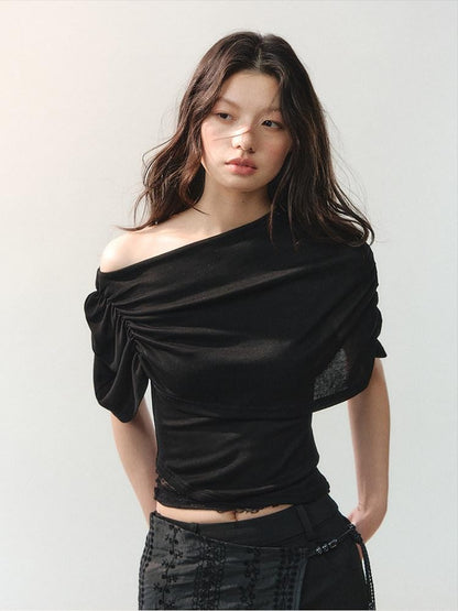 AnnoMundi Ink Black Soft Pleat Lace Spliced Asymmetric Wrap Women&