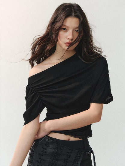 AnnoMundi Ink Black Soft Pleat Lace Spliced Asymmetric Wrap Women&