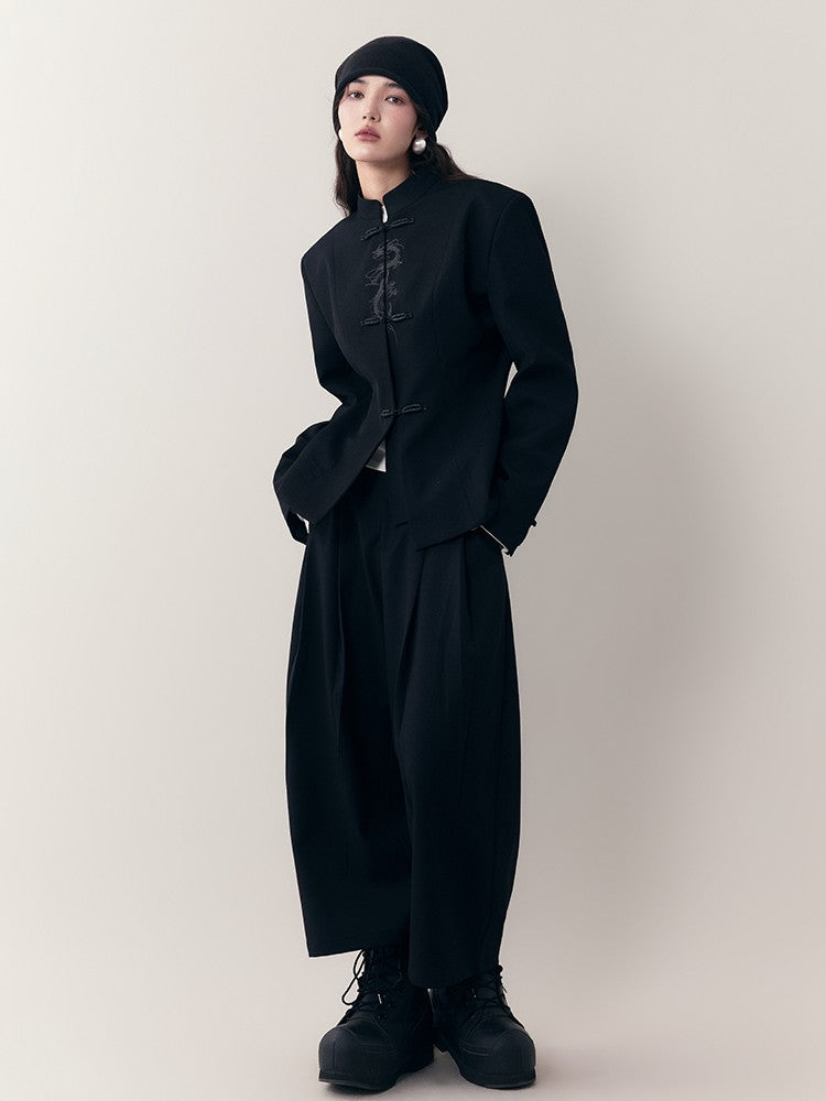 AnnoMundi Ink Black Sparkle Dragon Embroidered Modern Chinese Slim Fit Women&