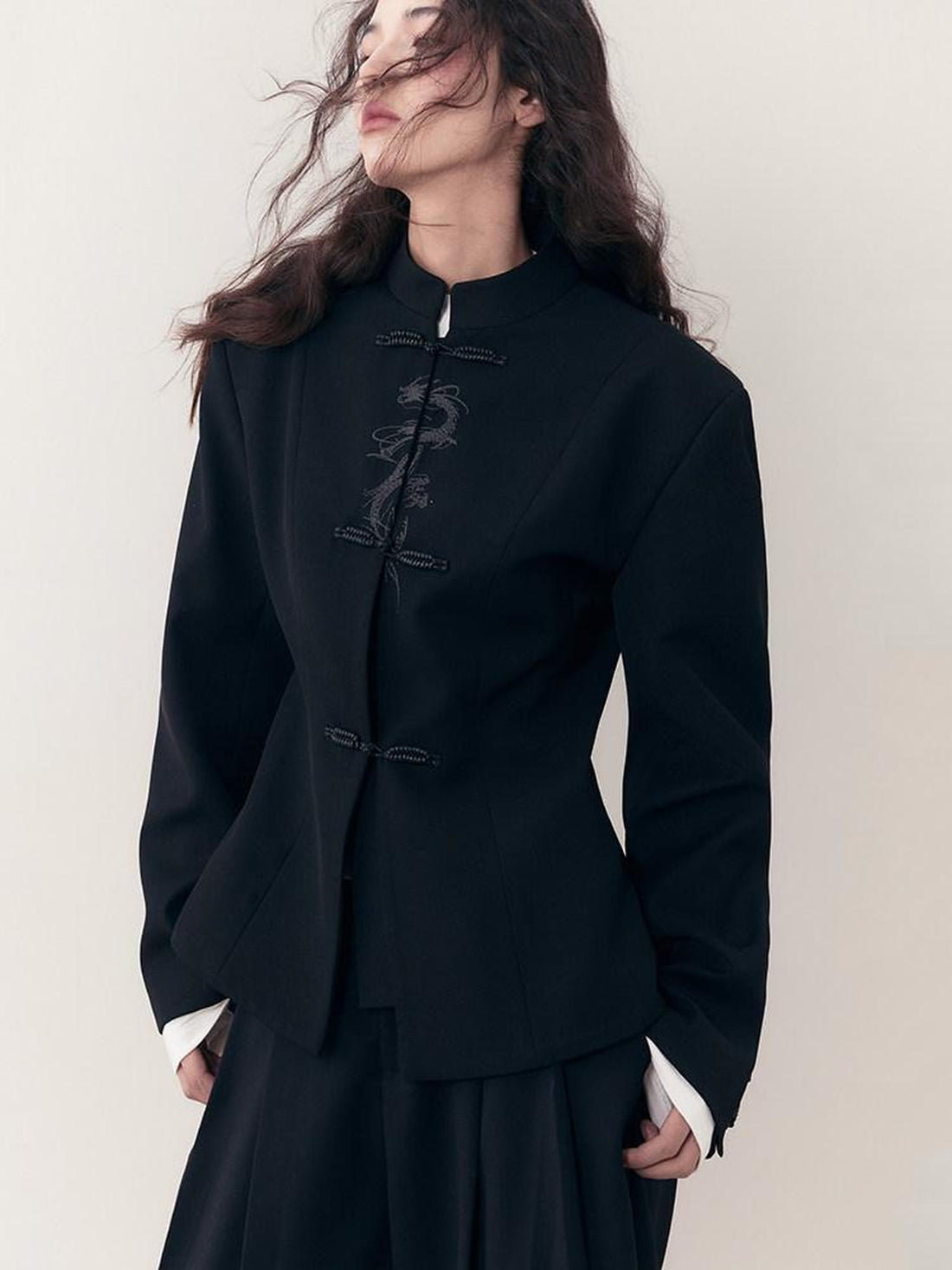 AnnoMundi Ink Black Sparkle Dragon Embroidered Modern Chinese Slim Fit Women&