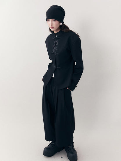 AnnoMundi Ink Black Sparkle Dragon Embroidered Modern Chinese Slim Fit Women&