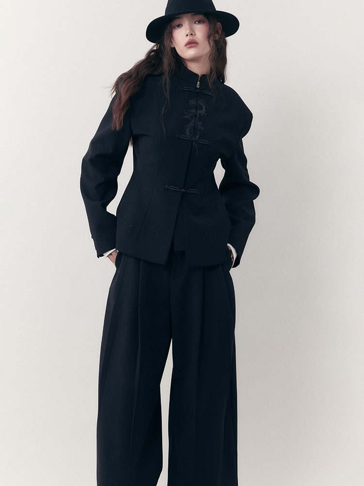 AnnoMundi Ink Black Sparkle Dragon Embroidered Modern Chinese Slim Fit Women&