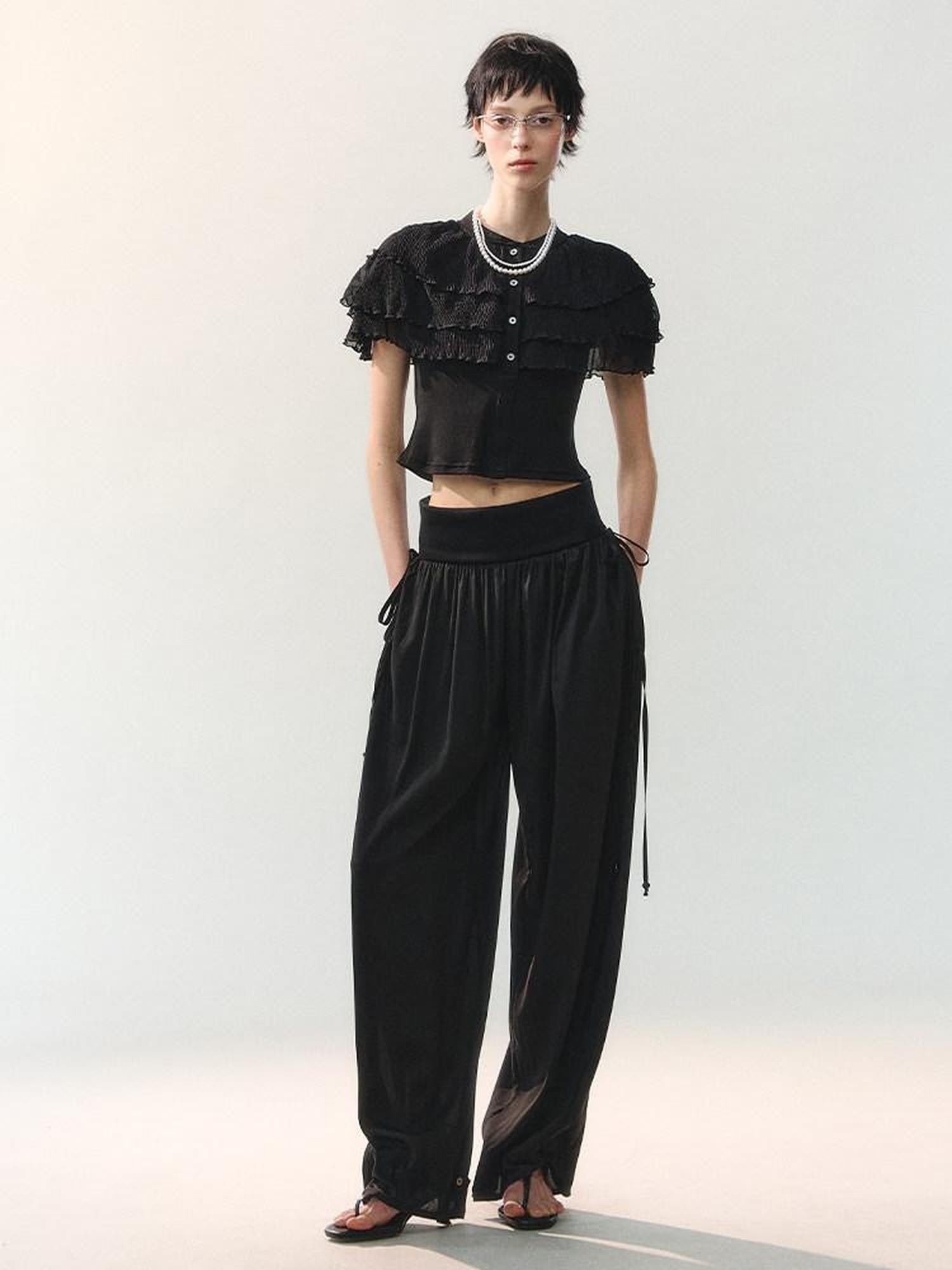 AnnoMundi Ink Shadow Drape Pleats Embroidered Striped Rib Waist Women&