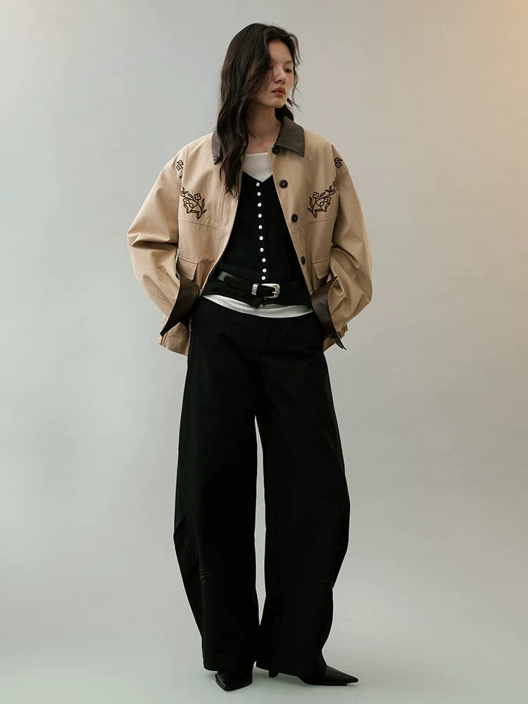 AnnoMundi Insulated Warm Cropped Relaxed Fit Long Sleeve Zipper Front Khaki Jacket