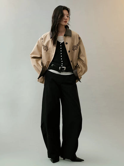 AnnoMundi Insulated Warm Cropped Relaxed Fit Long Sleeve Zipper Front Khaki Jacket