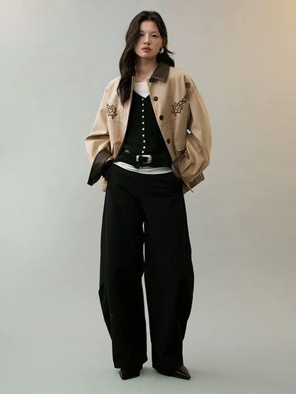 AnnoMundi Insulated Warm Cropped Relaxed Fit Long Sleeve Zipper Front Khaki Jacket