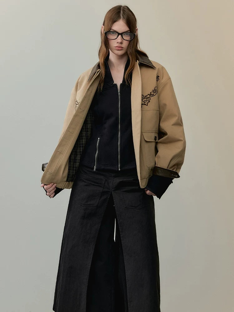 AnnoMundi Insulated Warm Cropped Relaxed Fit Long Sleeve Zipper Front Khaki Jacket
