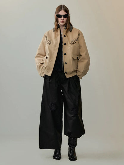 AnnoMundi Insulated Warm Cropped Relaxed Fit Long Sleeve Zipper Front Khaki Jacket