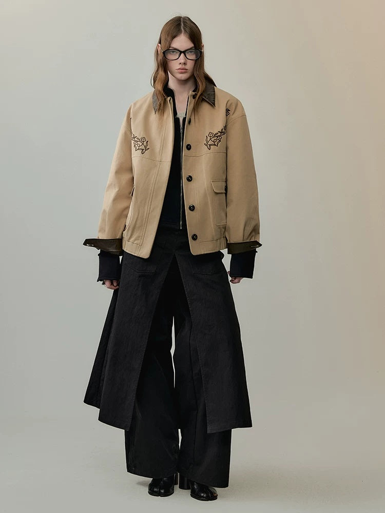 AnnoMundi Insulated Warm Cropped Relaxed Fit Long Sleeve Zipper Front Khaki Jacket