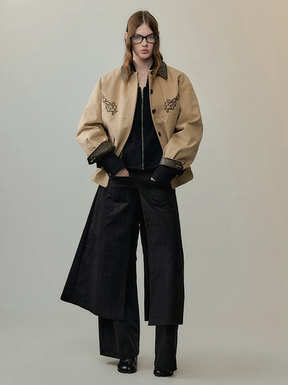 AnnoMundi Insulated Warm Cropped Relaxed Fit Long Sleeve Zipper Front Khaki Jacket