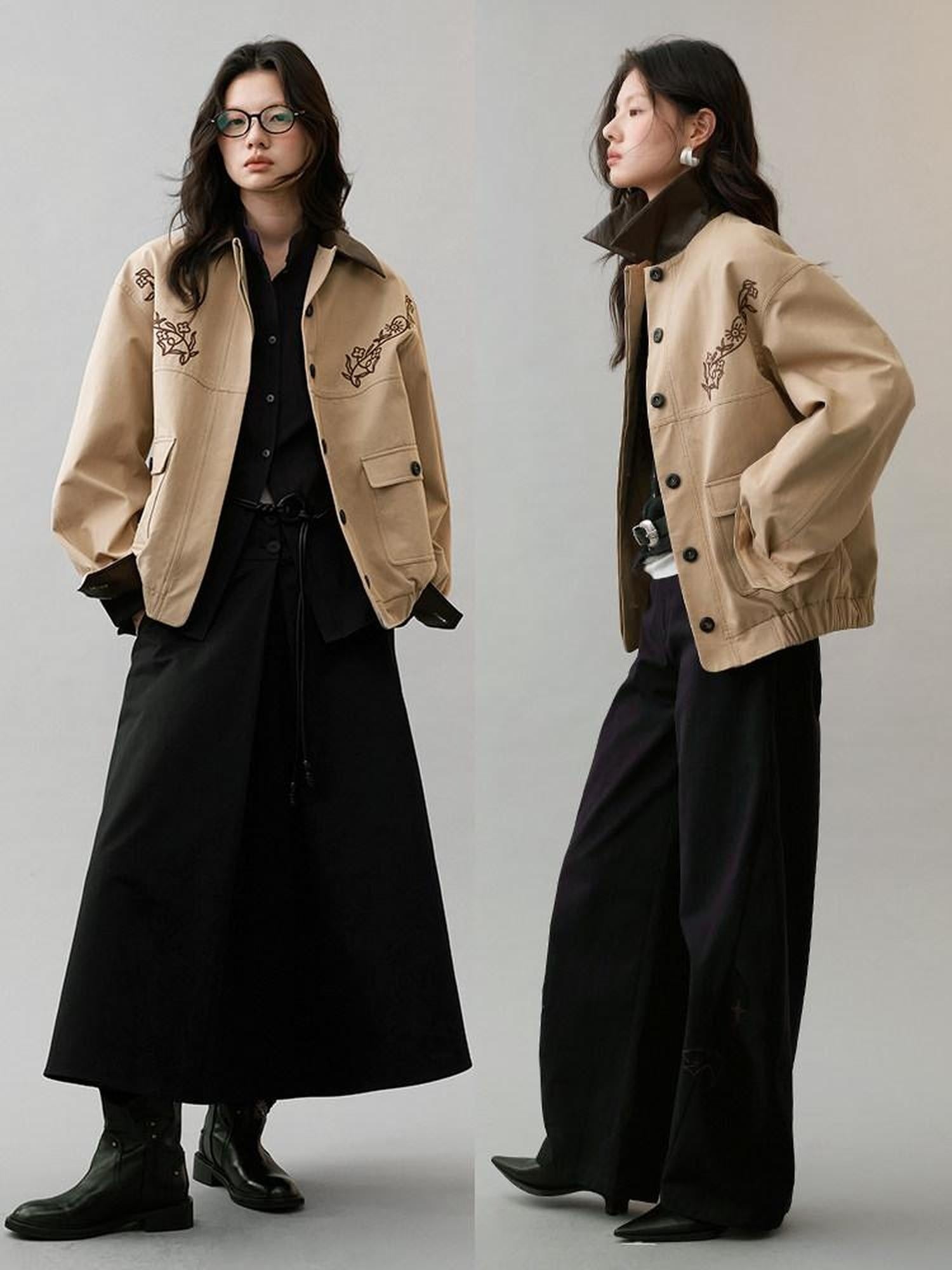 AnnoMundi Insulated Warm Cropped Relaxed Fit Long Sleeve Zipper Front Khaki Jacket