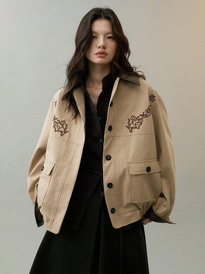 AnnoMundi Insulated Warm Cropped Relaxed Fit Long Sleeve Zipper Front Khaki Jacket