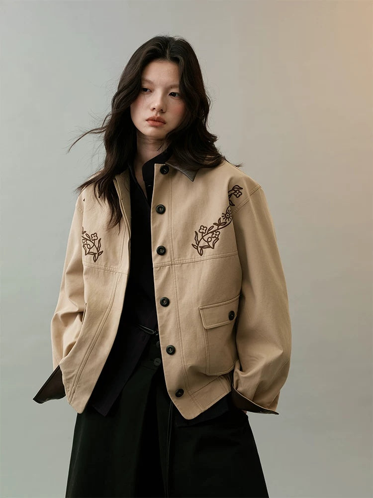 AnnoMundi Insulated Warm Cropped Relaxed Fit Long Sleeve Zipper Front Khaki Jacket