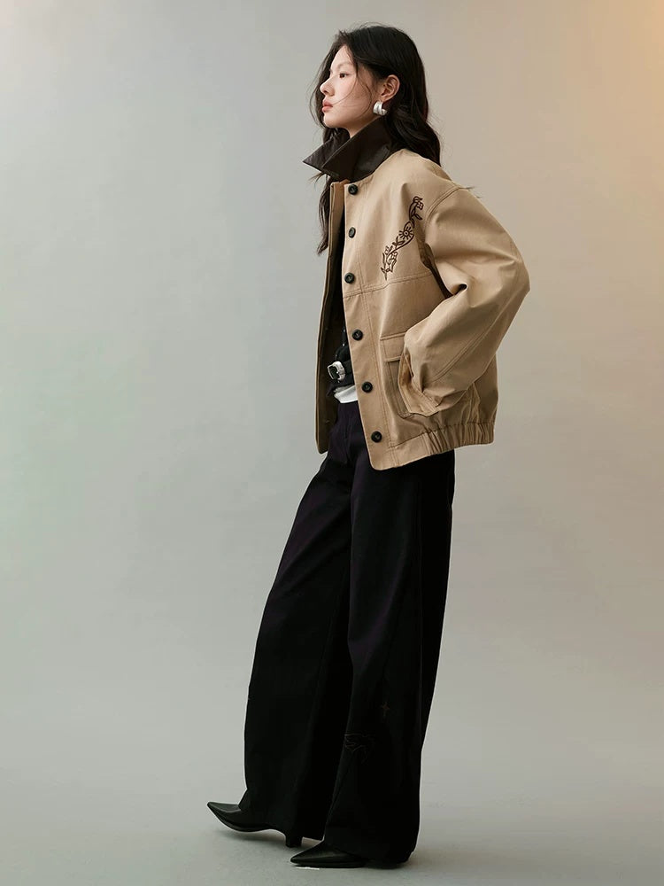 AnnoMundi Insulated Warm Cropped Relaxed Fit Long Sleeve Zipper Front Khaki Jacket