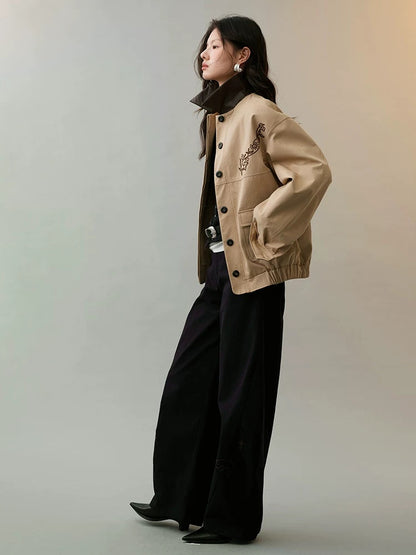 AnnoMundi Insulated Warm Cropped Relaxed Fit Long Sleeve Zipper Front Khaki Jacket