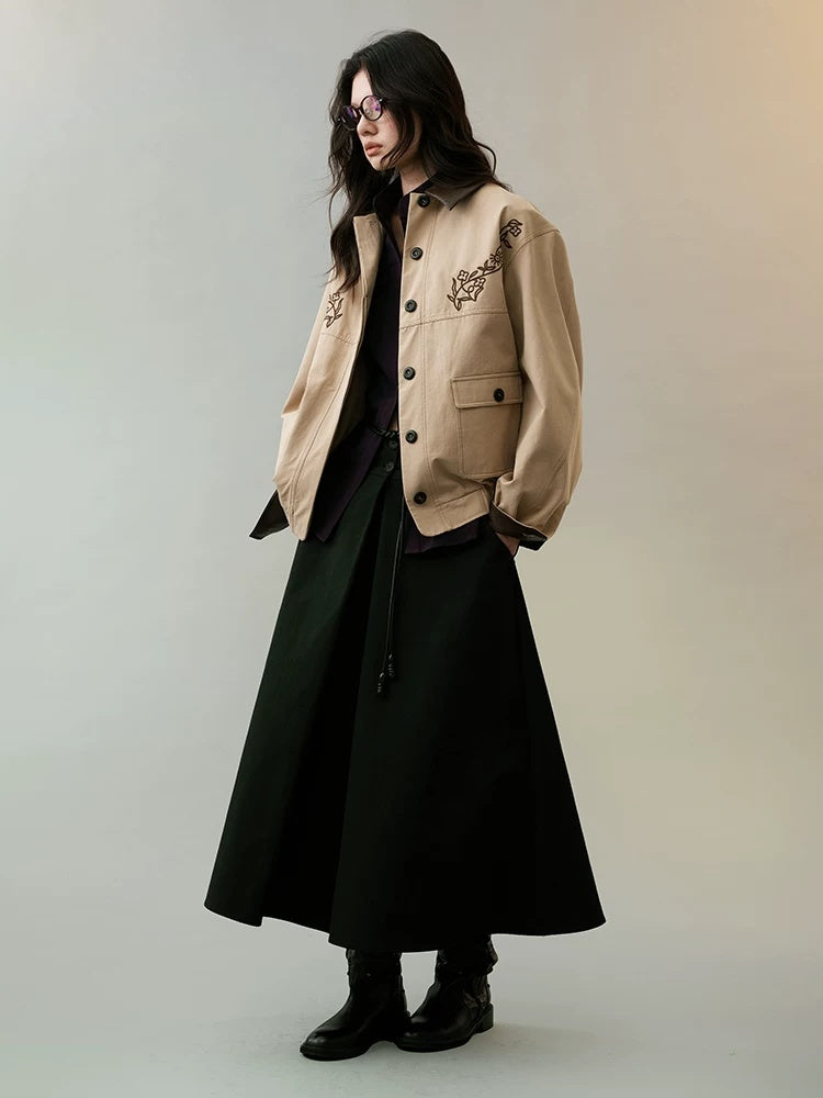 AnnoMundi Insulated Warm Cropped Relaxed Fit Long Sleeve Zipper Front Khaki Jacket