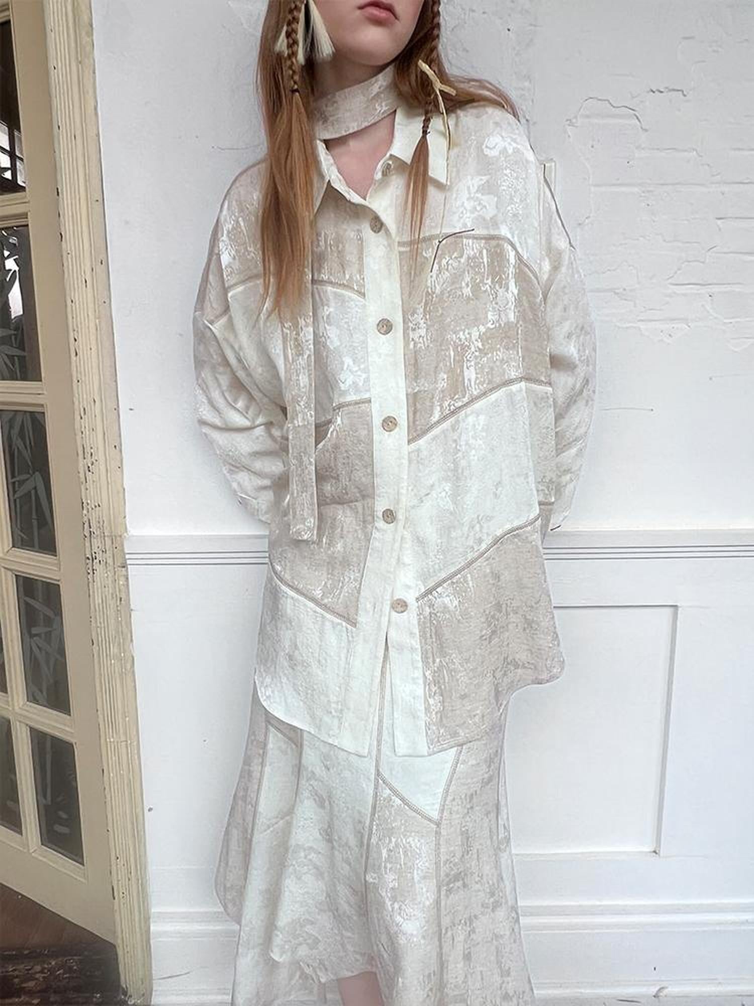 AnnoMundi Interwoven Light Textured Shirt Skirt Set V Neck T Shirt Long Sleeve