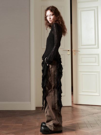 AnnoMundi Irregular Ruffle Knit V Neck T Shirt Long Sleeve Top