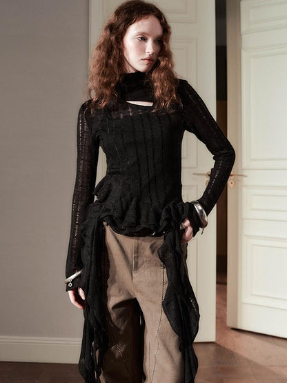 AnnoMundi Irregular Ruffle Knit V Neck T Shirt Long Sleeve Top