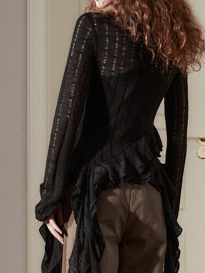 AnnoMundi Irregular Ruffle Knit V Neck T Shirt Long Sleeve Top