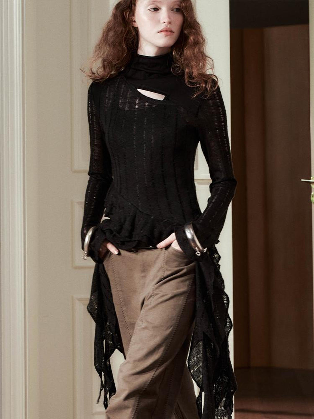 AnnoMundi Irregular Ruffle Knit V Neck T Shirt Long Sleeve Top
