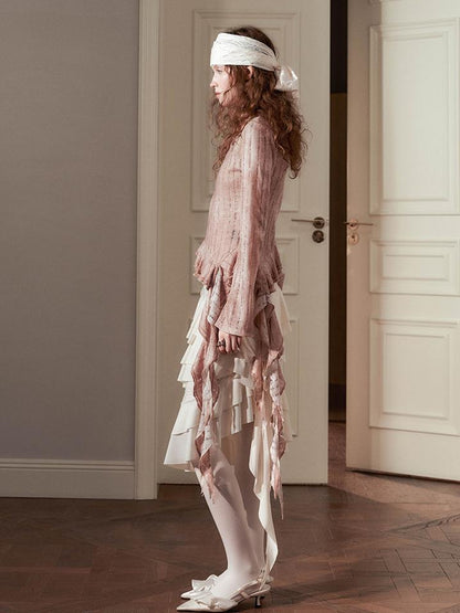 AnnoMundi Irregular Ruffle Knit V Neck T Shirt Long Sleeve Top