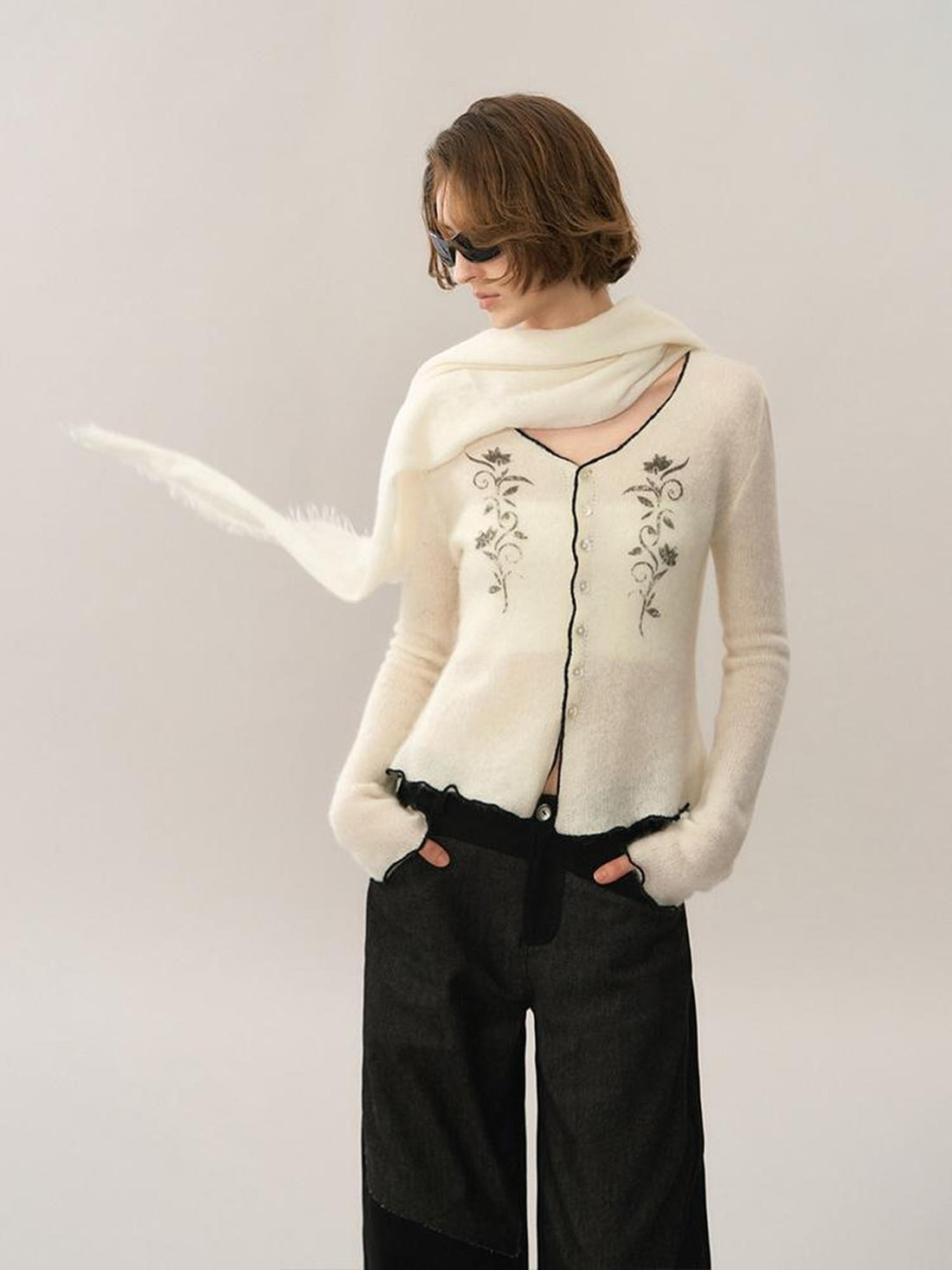 AnnoMundi Jacquard Contrast Trim Lace V-neck Wool Women&