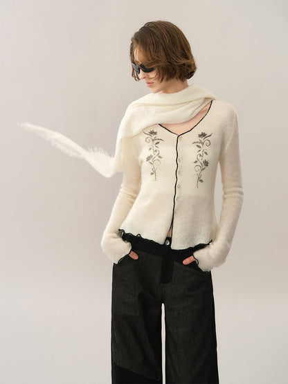 AnnoMundi Jacquard Contrast Trim Lace V-neck Wool Women&