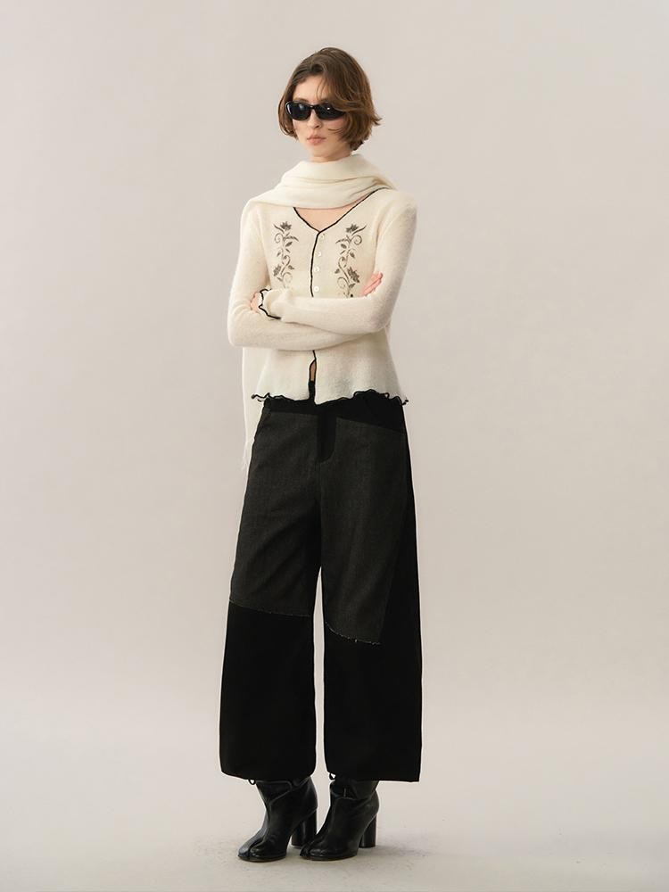 AnnoMundi Jacquard Contrast Trim Lace V-neck Wool Women&
