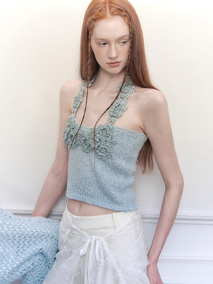 AnnoMundi Knitted Halter Top With Open Back And Hand Crochet Floral