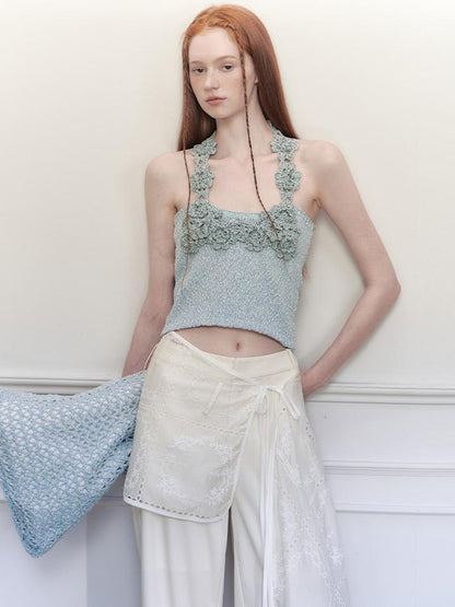 AnnoMundi Knitted Halter Top With Open Back And Hand Crochet Floral