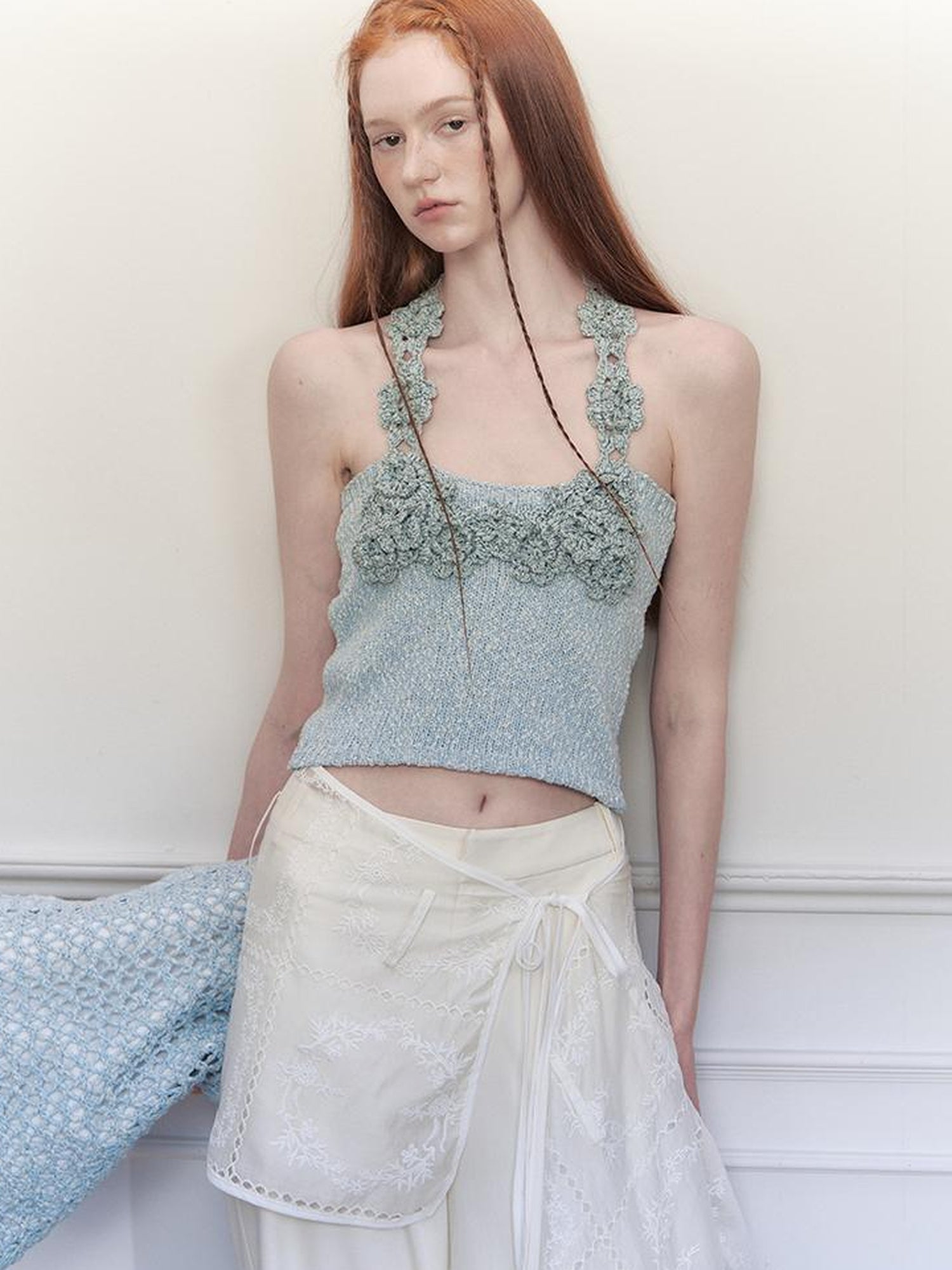 AnnoMundi Knitted Halter Top With Open Back And Hand Crochet Floral