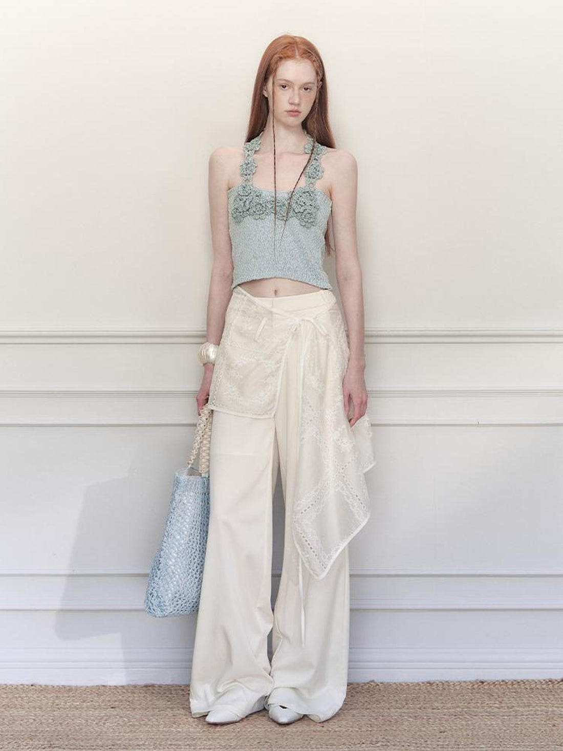 AnnoMundi Knitted Halter Top With Open Back And Hand Crochet Floral