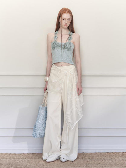 AnnoMundi Knitted Halter Top With Open Back And Hand Crochet Floral
