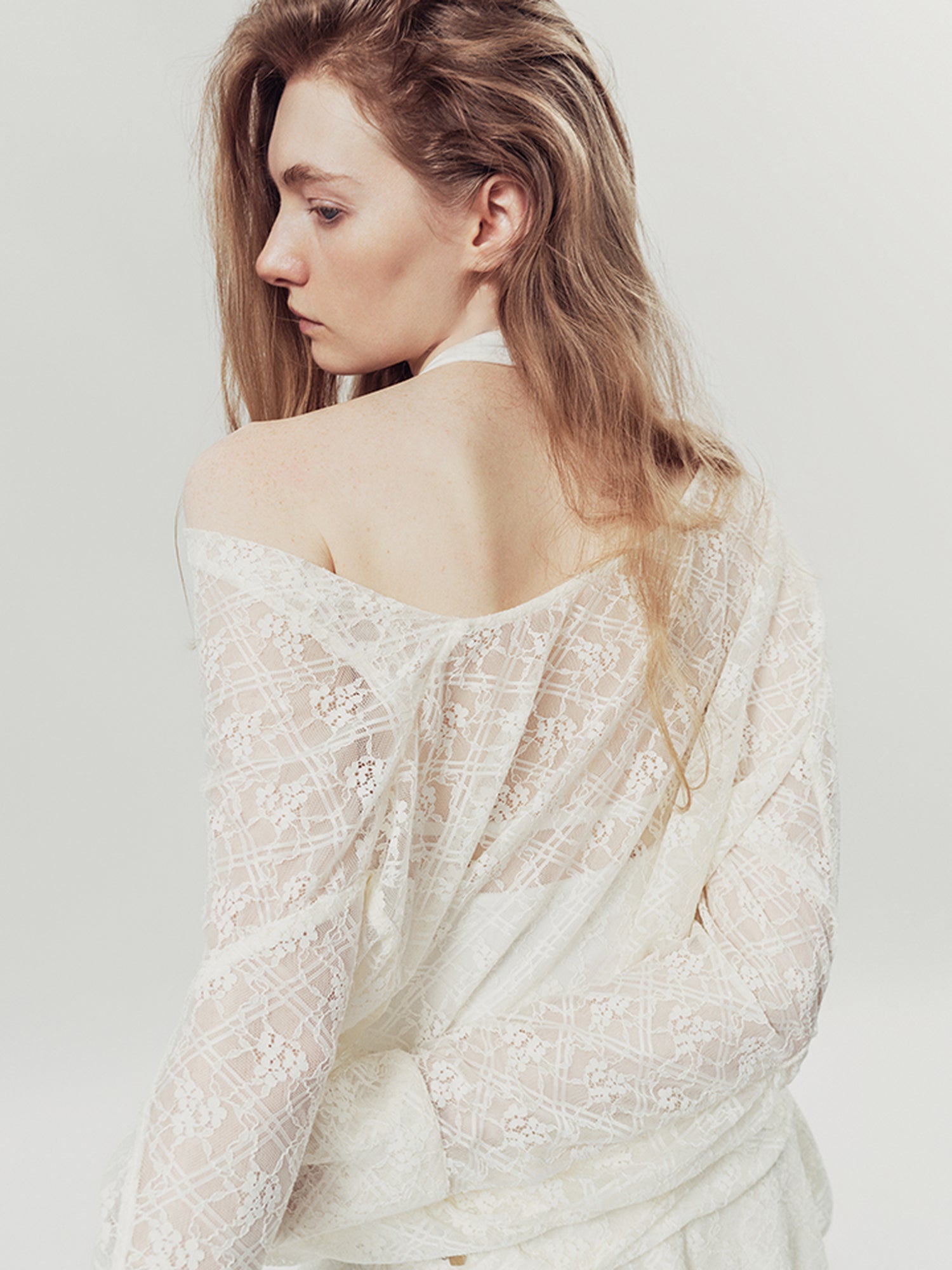 AnnoMundi Lace Bloom Draped Cover Up V Neck T Shirt Long Sleeve