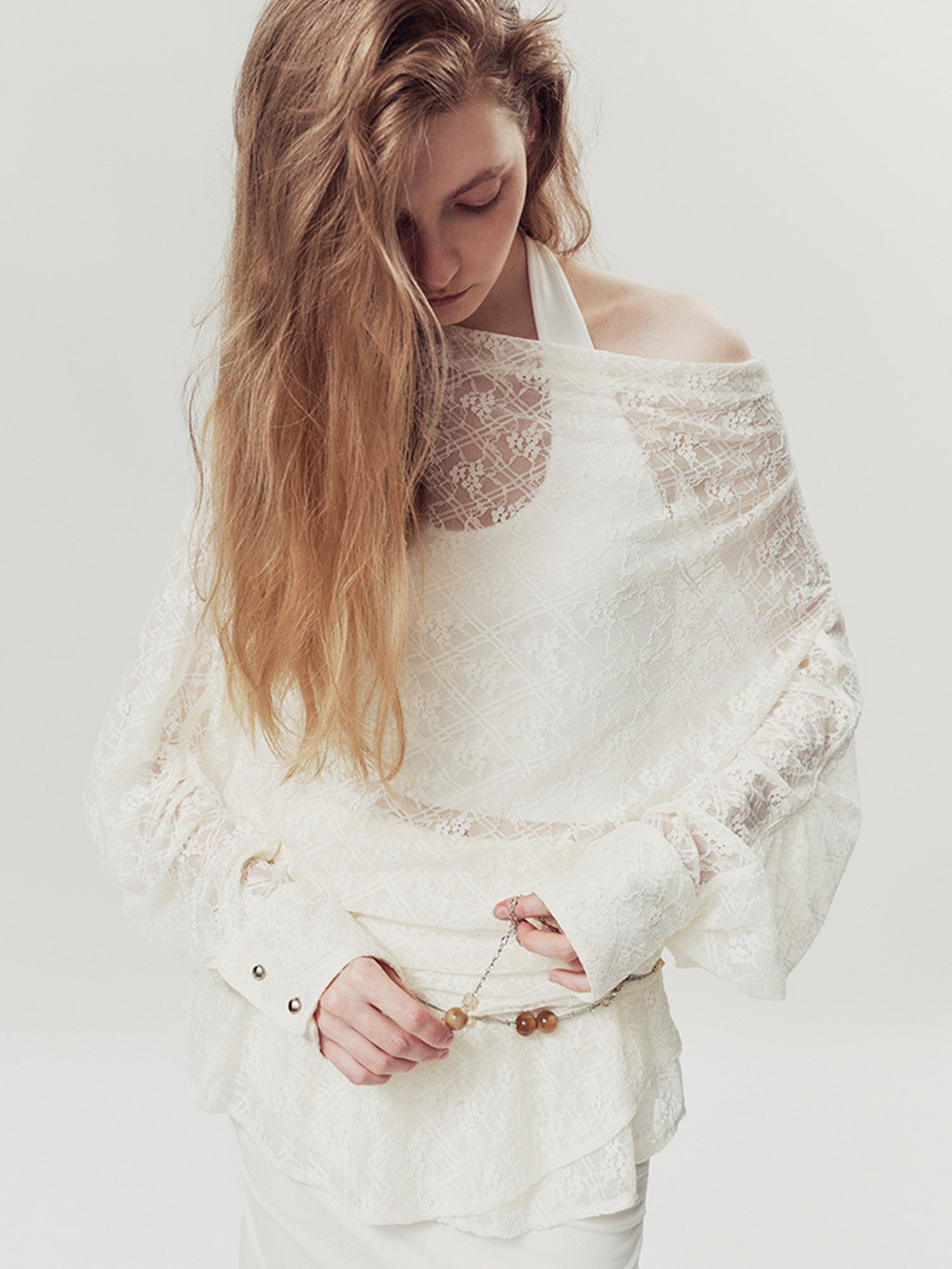AnnoMundi Lace Bloom Draped Cover Up V Neck T Shirt Long Sleeve