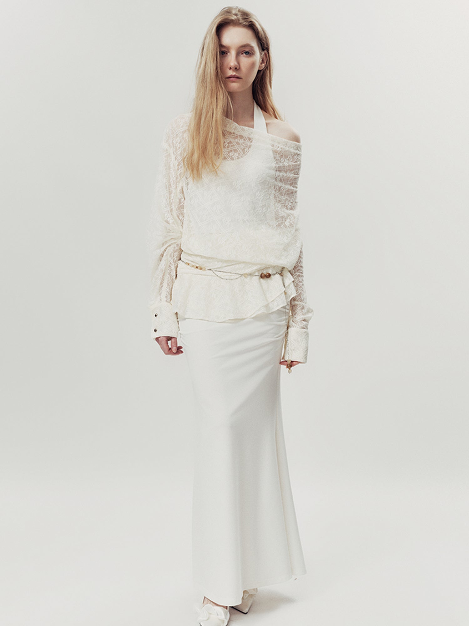 AnnoMundi Lace Bloom Draped Cover Up V Neck T Shirt Long Sleeve