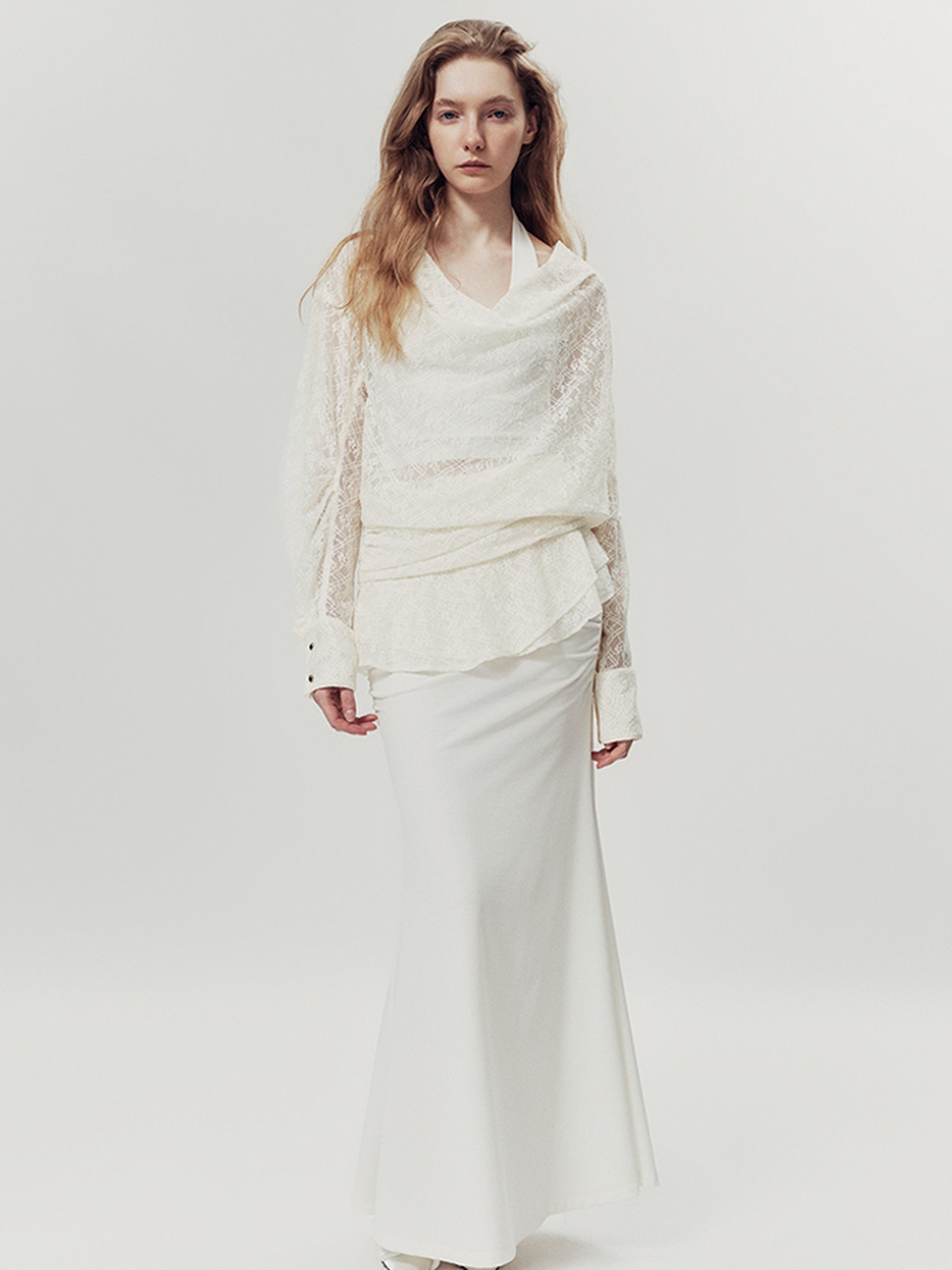 AnnoMundi Lace Bloom Draped Cover Up V Neck T Shirt Long Sleeve