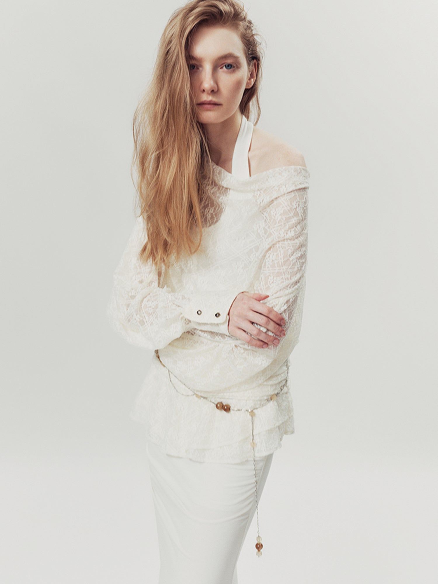 AnnoMundi Lace Bloom Draped Cover Up V Neck T Shirt Long Sleeve