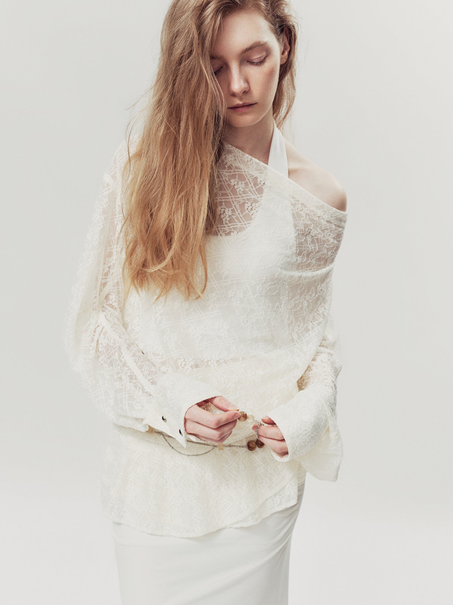 AnnoMundi Lace Bloom Draped Cover Up V Neck T Shirt Long Sleeve