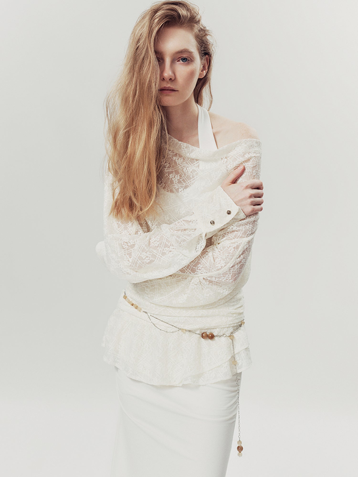 AnnoMundi Lace Bloom Draped Cover Up V Neck T Shirt Long Sleeve