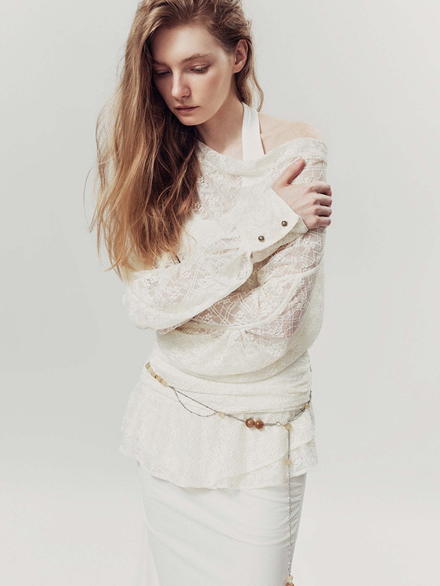 AnnoMundi Lace Bloom Draped Cover Up V Neck T Shirt Long Sleeve