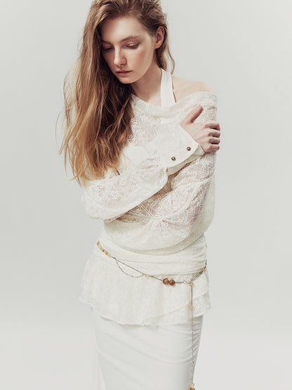 AnnoMundi Lace Bloom Draped Cover Up V Neck T Shirt Long Sleeve