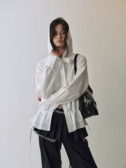 AnnoMundi Lace Collar Tie Hooded Loose Pleated Women White Cotton Tencel Blouse